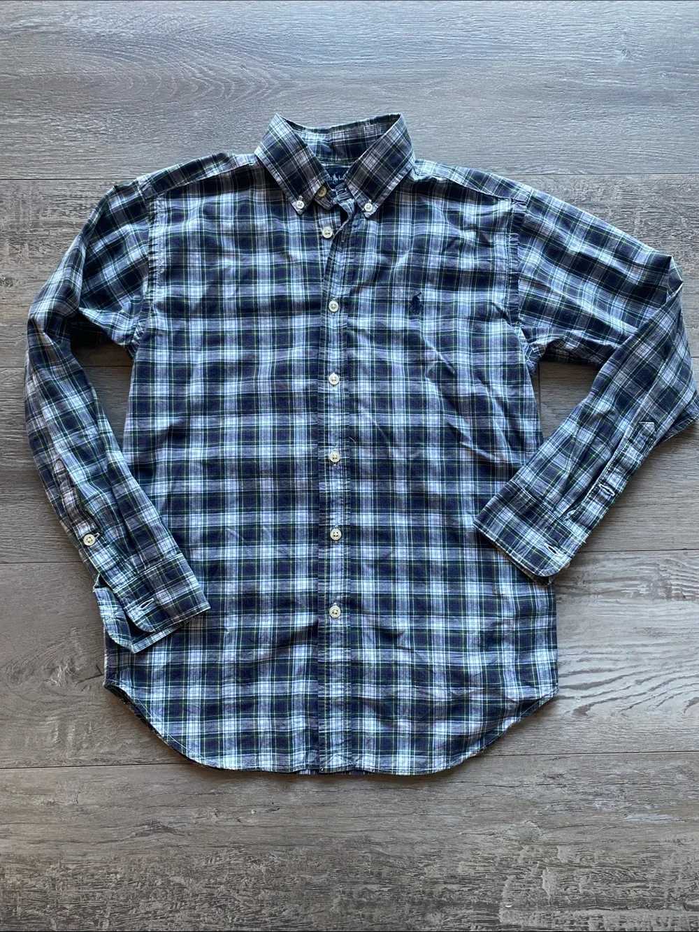 Ralph Lauren Plaid Button Down Shirt in Navy and Green Boys Sz Medium 10-12